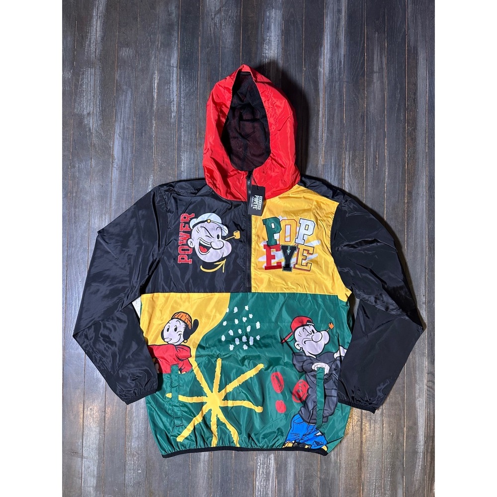 Reason Popeye the Sailor Man‎ Colorblock Windbreaker Jacket Mens Half Zip Hooded